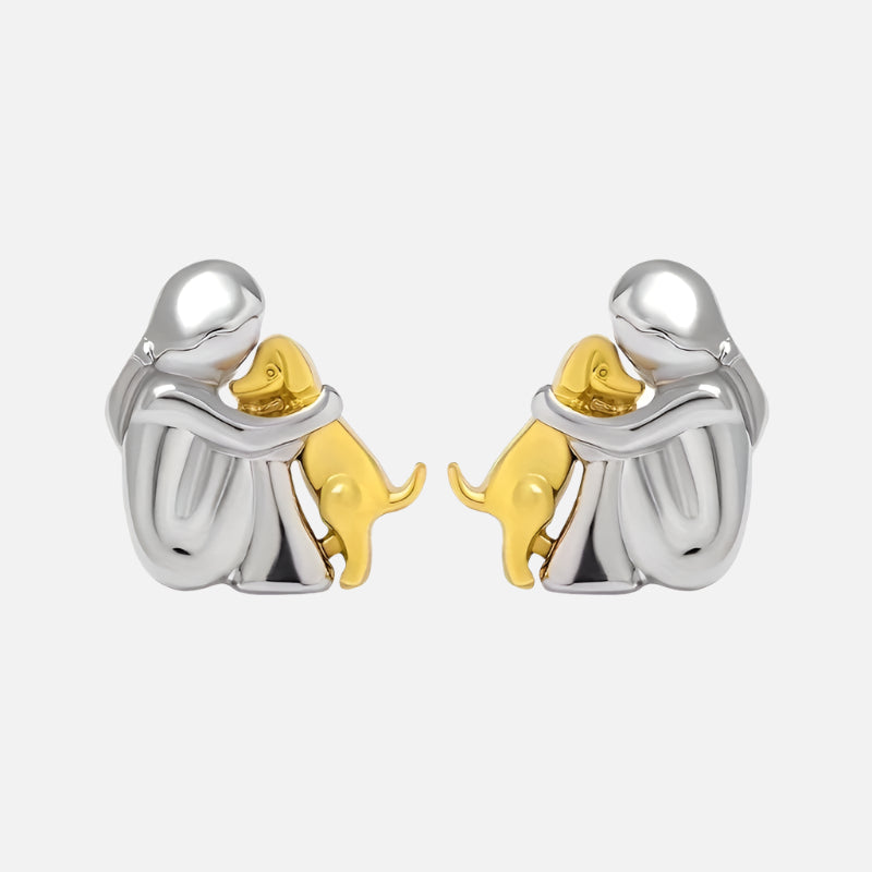 Gold &amp; Silver Stud Earrings with Dog Cuddle Motif