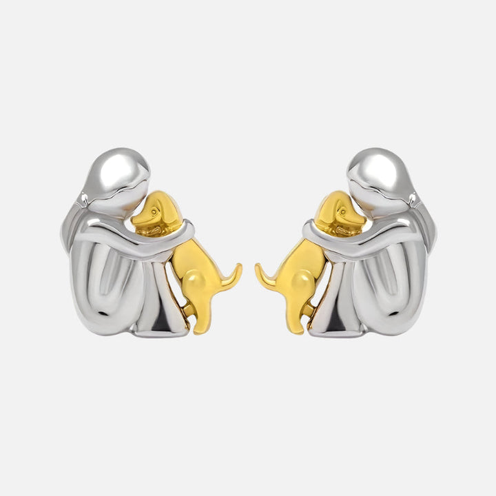 Gold &amp; Silver Stud Earrings with Dog Cuddle Motif
