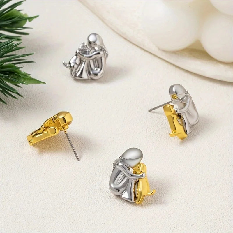 Gold &amp; Silver Stud Earrings with Dog Cuddle Motif