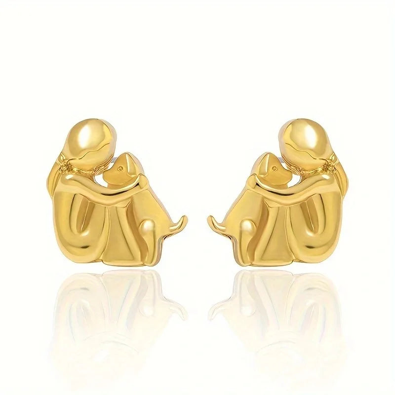 Gold &amp; Silver Stud Earrings with Dog Cuddle Motif