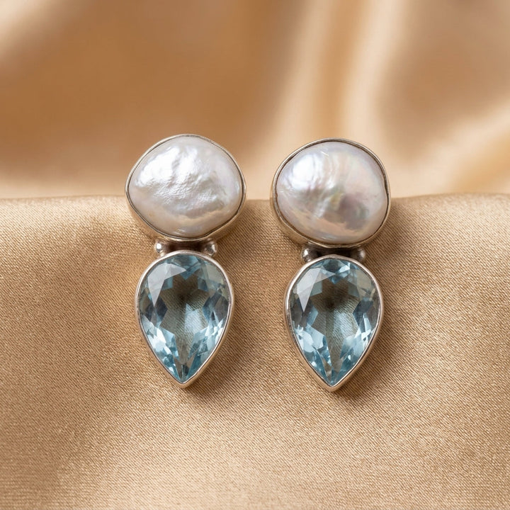 Silver Drop Earrings Bríd with Pearl and Blue Topaz