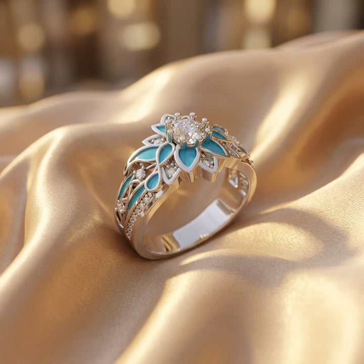 Gold &amp; Silver Ring Dervla with Turquoise Floral Motif