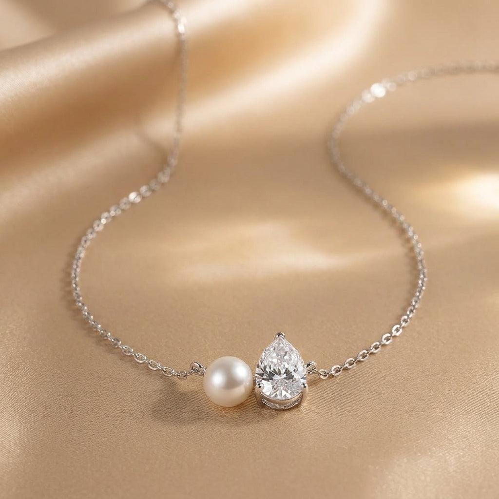 Silver Necklace Dingle with Pearl and Zirconia Teardrop