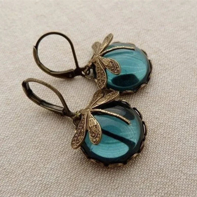 Gold Drop Earrings Dervla with Dragonfly and Teal Stone