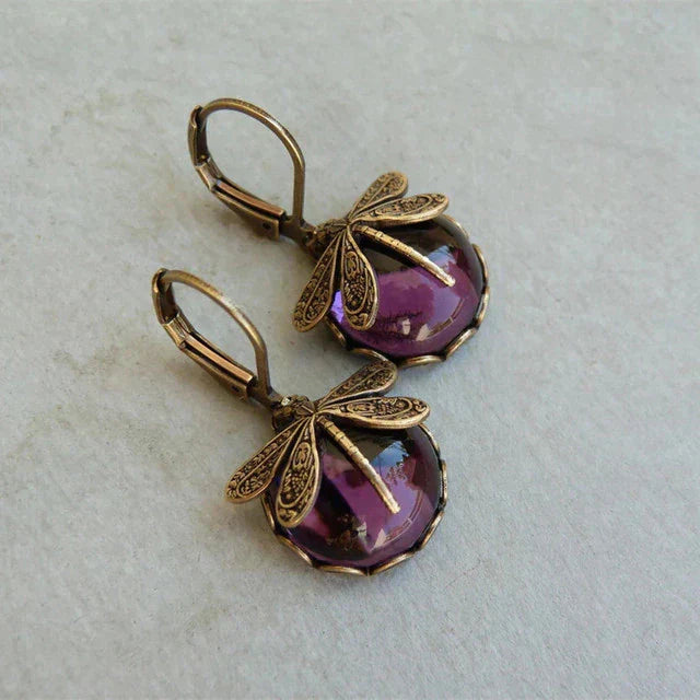 Gold Drop Earrings Dervla with Dragonfly and Teal Stone