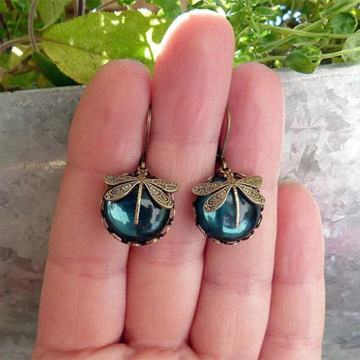 Gold Drop Earrings Dervla with Dragonfly and Teal Stone