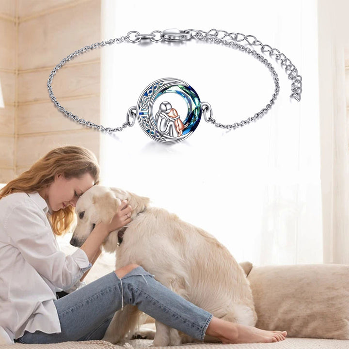 Silver Bracelet with Person Hugging Dog on Celtic Moon