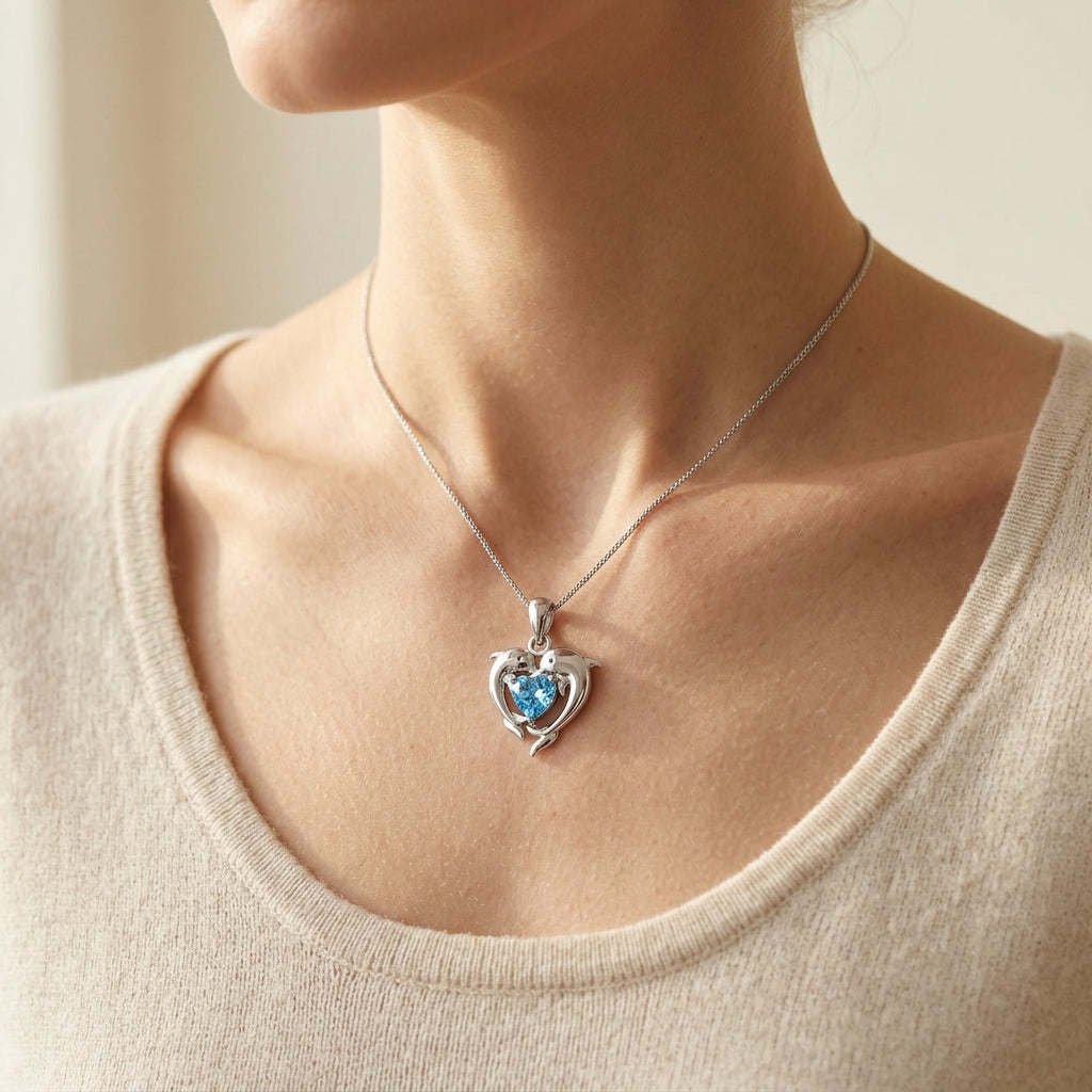Silver Necklace Muirne with Dolphins and Blue Heart