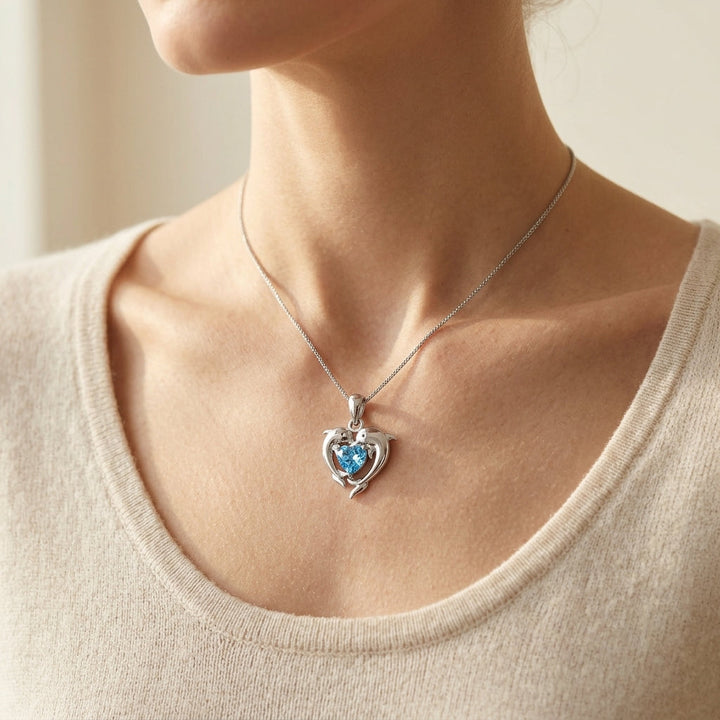 Silver Necklace Sorcha with Dolphins and Blue Heart