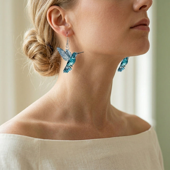 Silver Drop Earrings with Blue Crystal Hummingbird