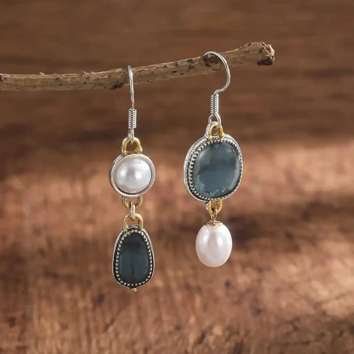 Gold &amp; Silver Drop Earrings with Blue Stone and Pearl
