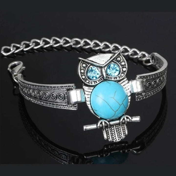 Antique Silver Cuff Bracelet with Owl &amp; Turquoise