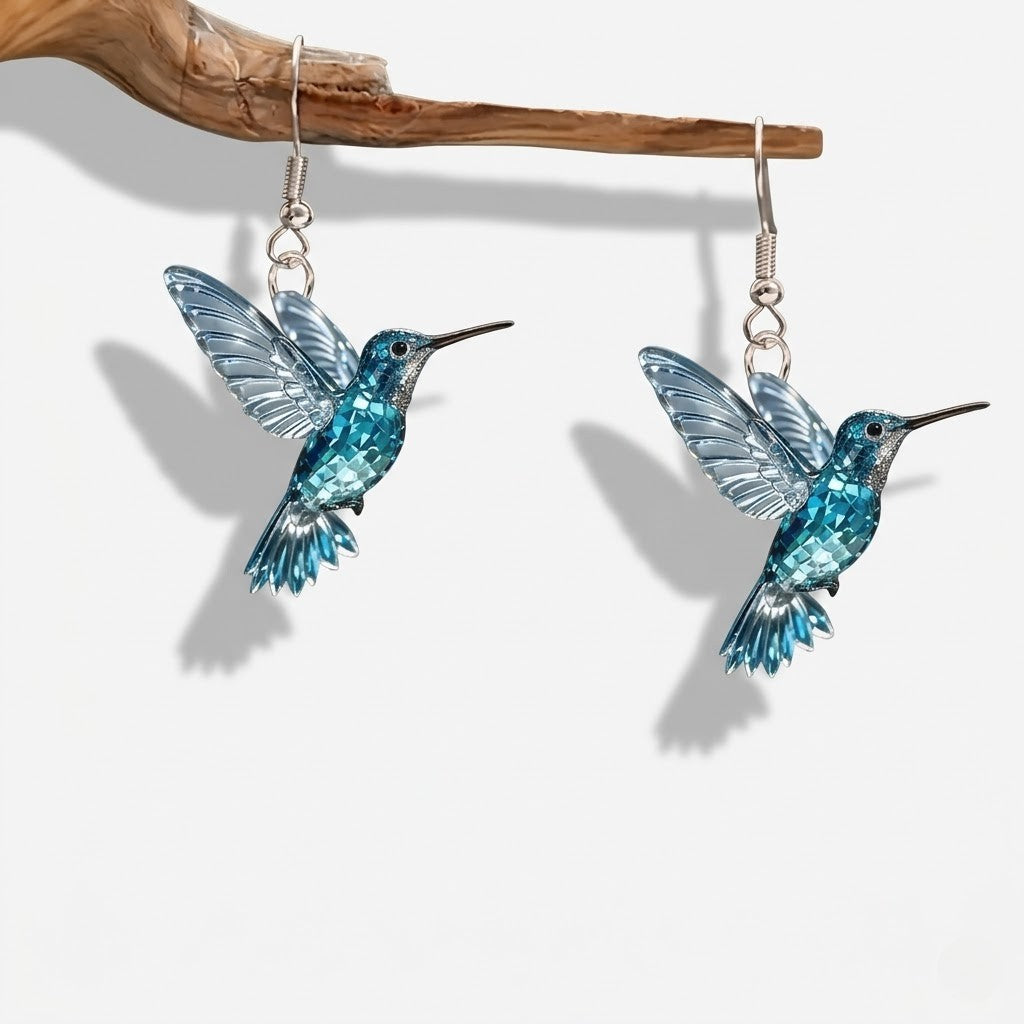 Silver Drop Earrings with Blue Crystal Hummingbird