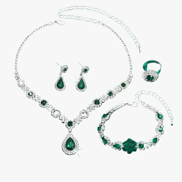 Silver Necklace Set with Emerald Green Crystals and Teardrop