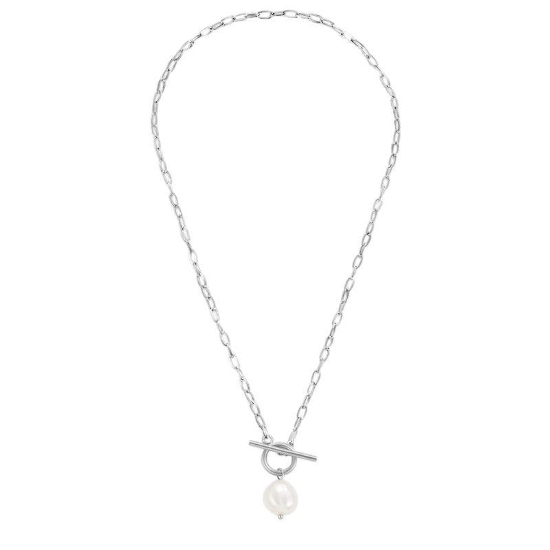 Silver Necklace with Baroque Pearl and Toggle Clasp