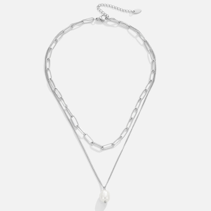 Silver Necklace with Baroque Pearl and Layered Chains