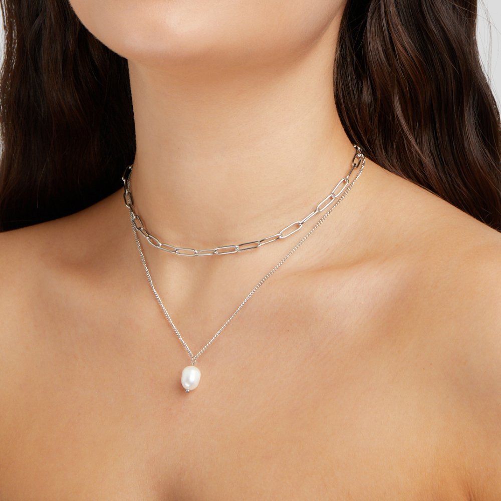 Silver Necklace with Baroque Pearl and Layered Chains