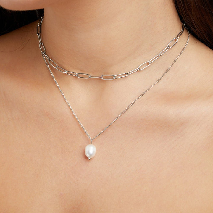 Silver Necklace with Baroque Pearl and Layered Chains