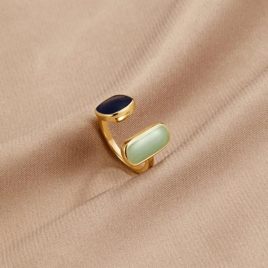 Gold Open Ring Clíodhna with Green Jade and Black Onyx