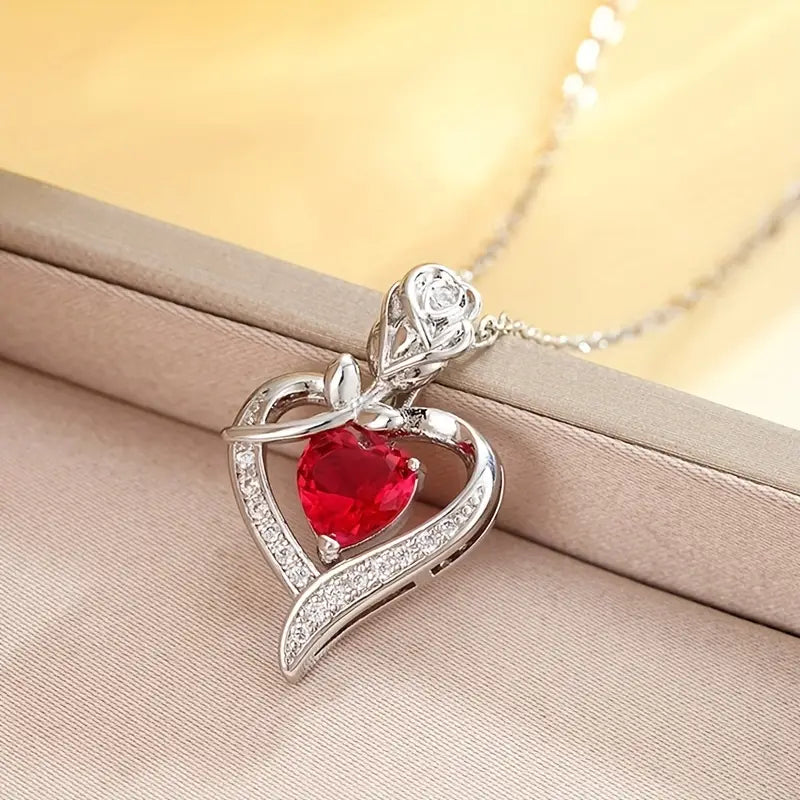 Silver Necklace Béibhinn with Ruby Heart and Rose