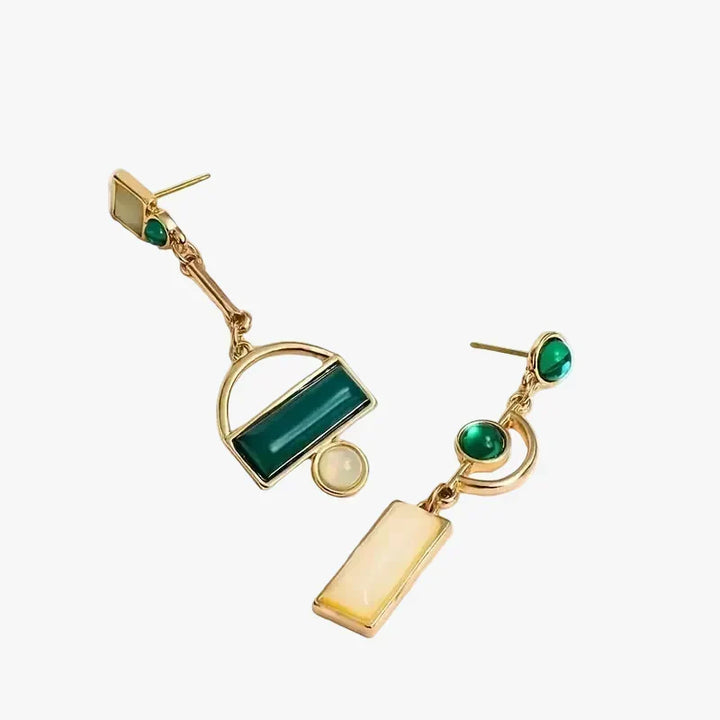 Gold Drop Earrings Bríd with Green Stones &amp; Pearl