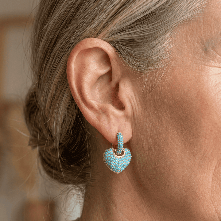 Gold Huggie Earrings Áine with Turquoise Pavé Heart