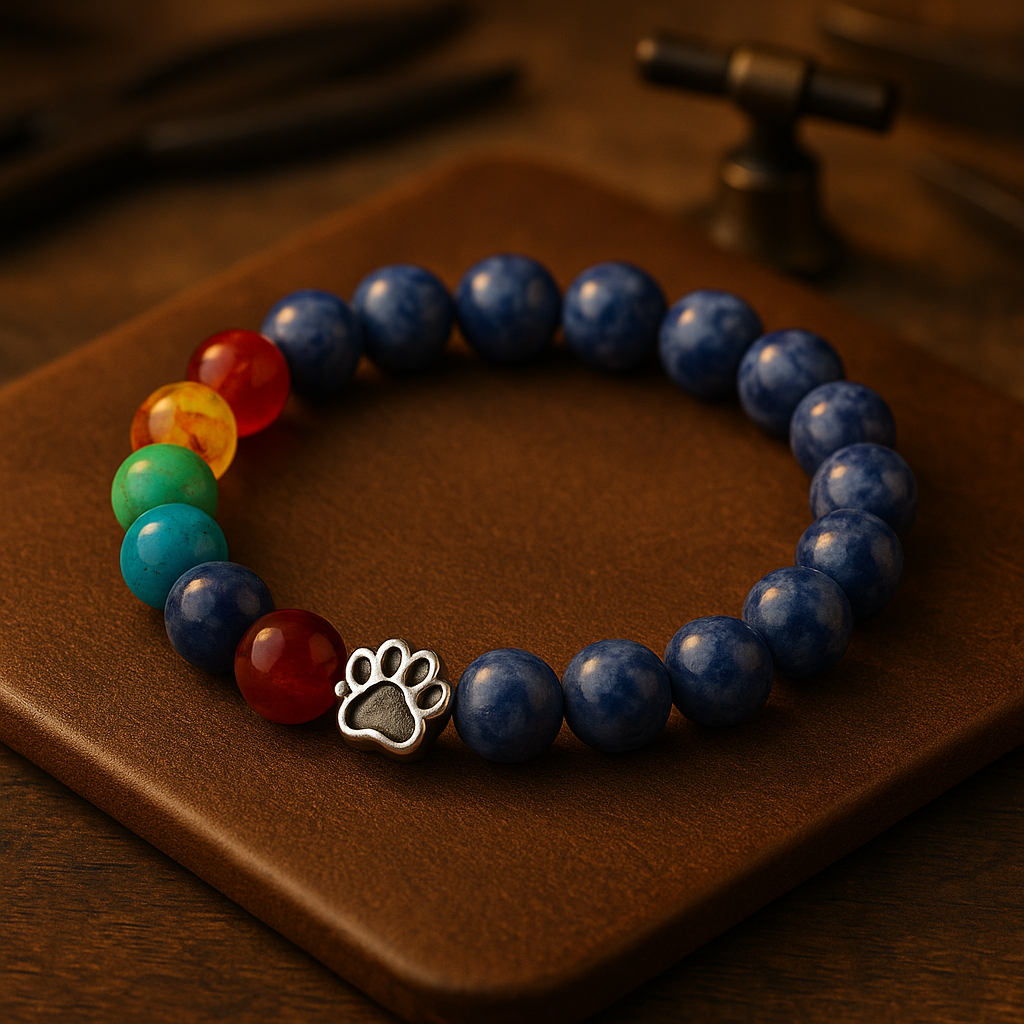 Blue Beaded Bracelet with Paw Print &amp; Chakra Stones