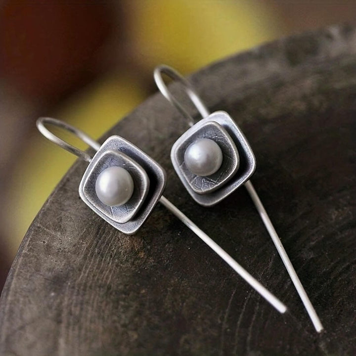Silver Drop Earrings with Pearl and Square Frame