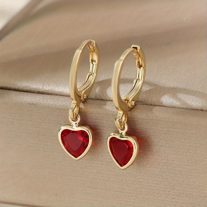 Gold Drop Earrings Dervla with Red Heart