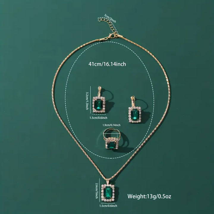 Rose Gold Necklace and Earrings Set with Emerald and Zirconia