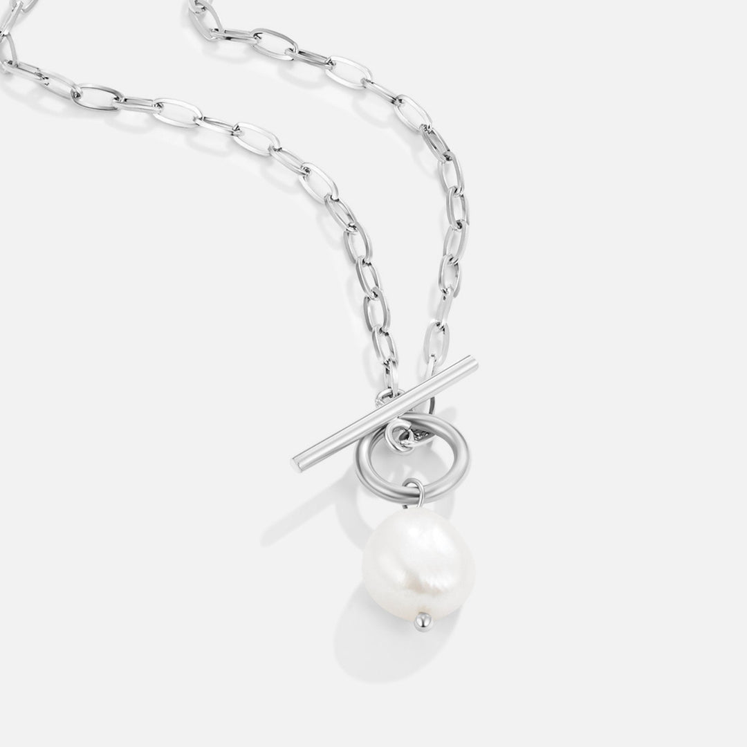 Silver Necklace with Baroque Pearl and Toggle Clasp