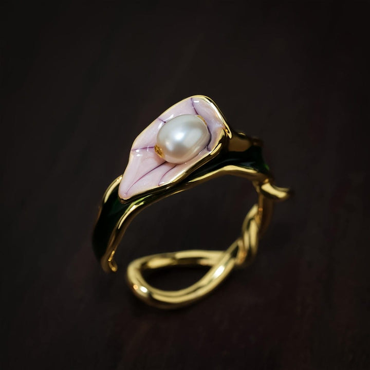 Gold Adjustable Open Ring with Pearl &amp; Lily Motif