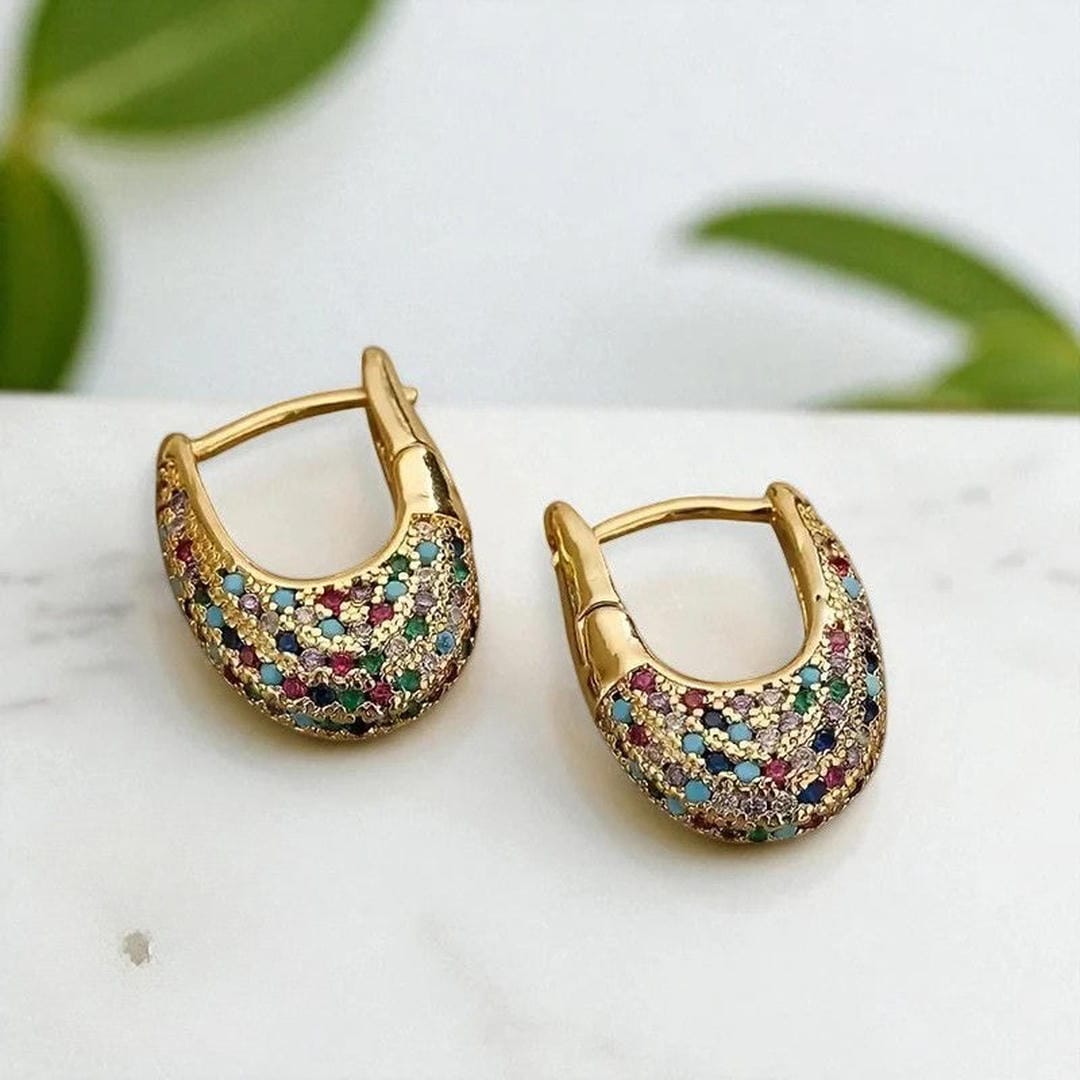 Gold Huggie Earrings Westport with Multicolour Crystals
