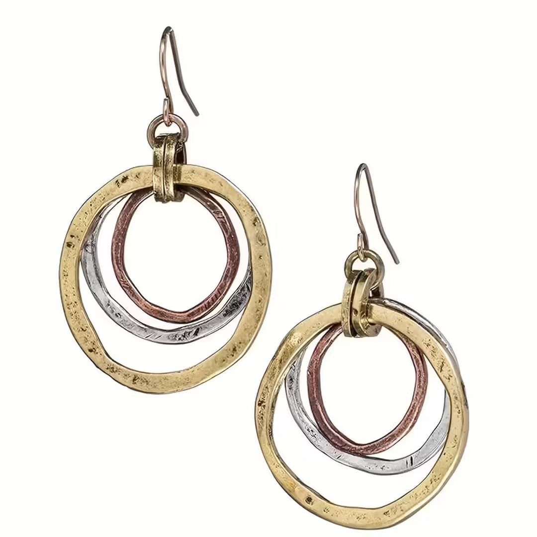 Tri-Tone Gold, Silver &amp; Rose Gold Hoop Earrings with Hammered Rings