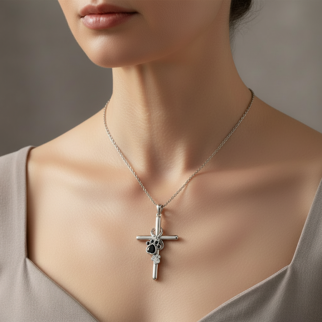Sterling Silver Necklace with Cross and Paw Prints