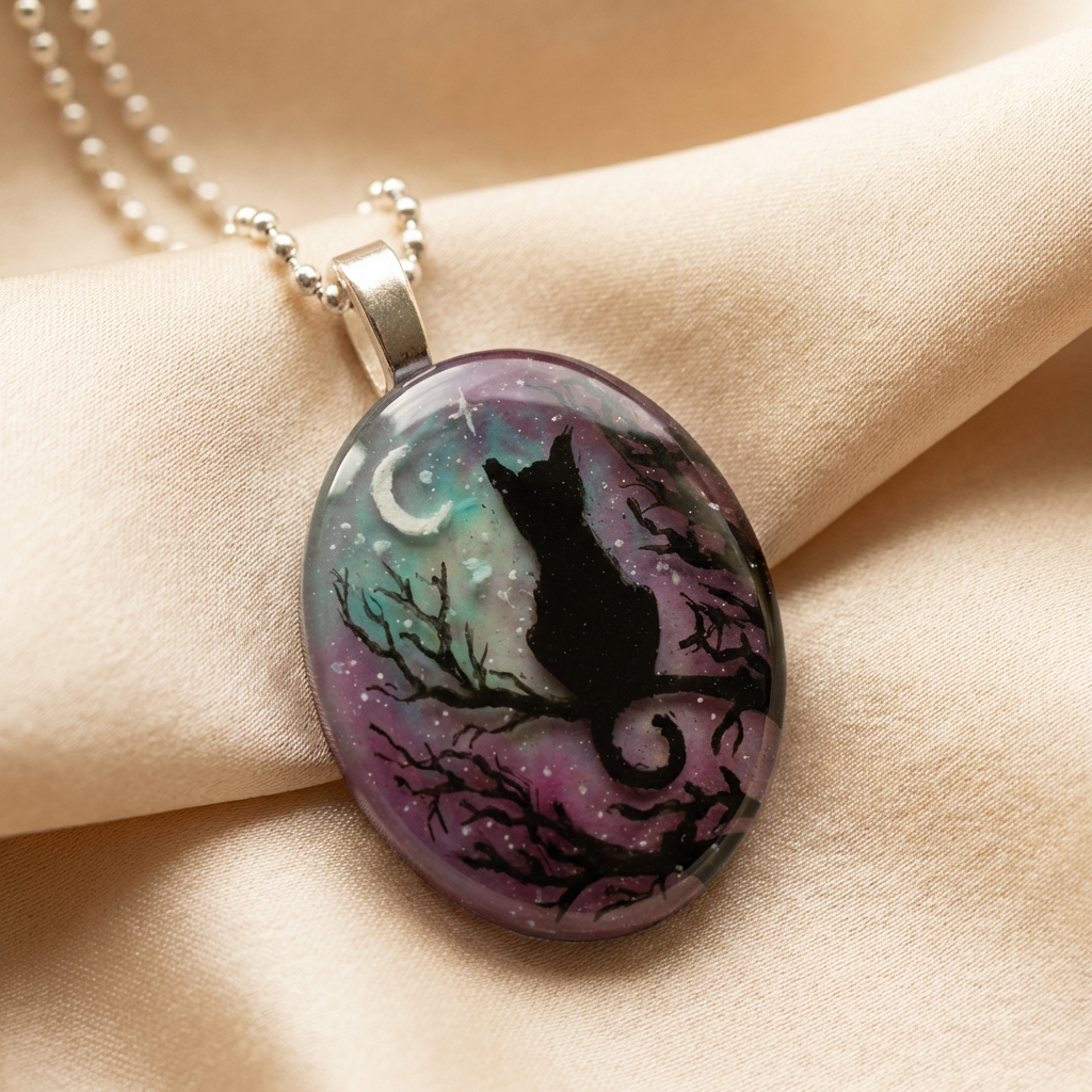 Antique Gold Necklace Nuala with Cat and Moon
