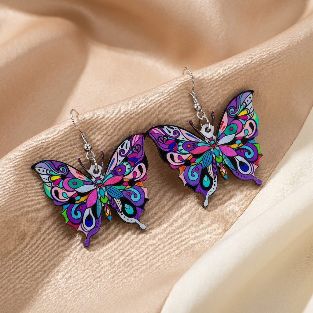 Colourful Drop Earrings Íde with Butterfly Motif