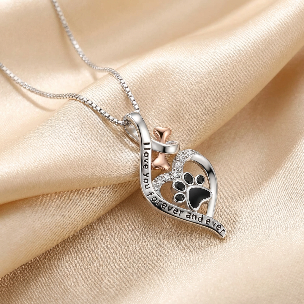 Silver Necklace with Paw Print, Heart and Rose Gold Bone