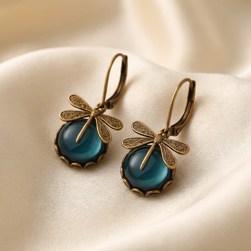 Gold Drop Earrings Dervla with Dragonfly and Teal Stone