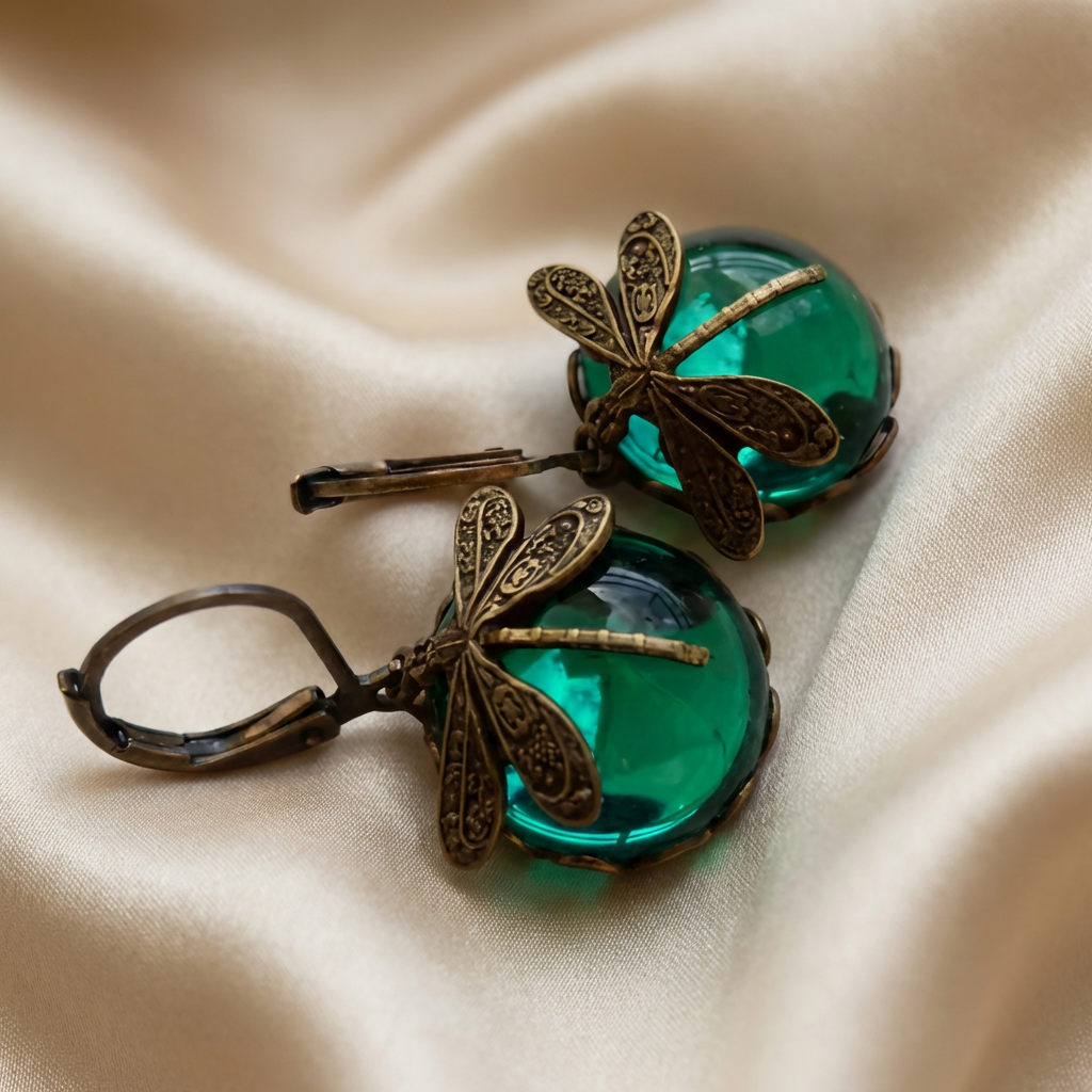 Gold Drop Earrings Dervla with Dragonfly and Teal Stone