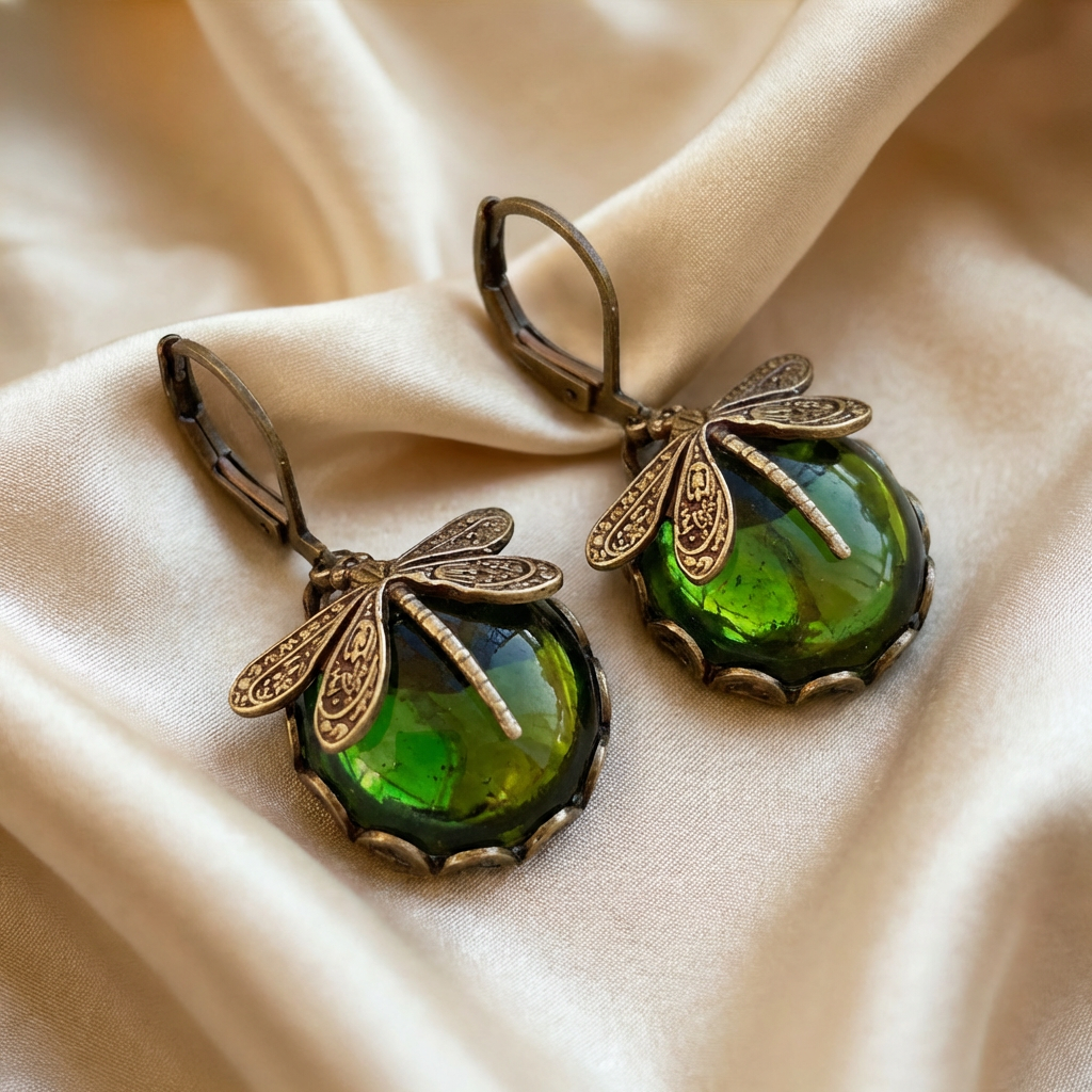 Gold Drop Earrings Dervla with Dragonfly and Teal Stone