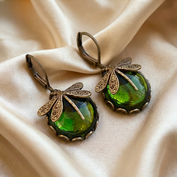 Gold Drop Earrings Dervla with Dragonfly and Teal Stone