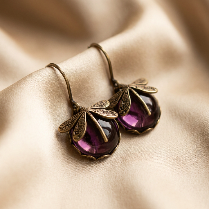 Gold Drop Earrings Dervla with Dragonfly and Teal Stone