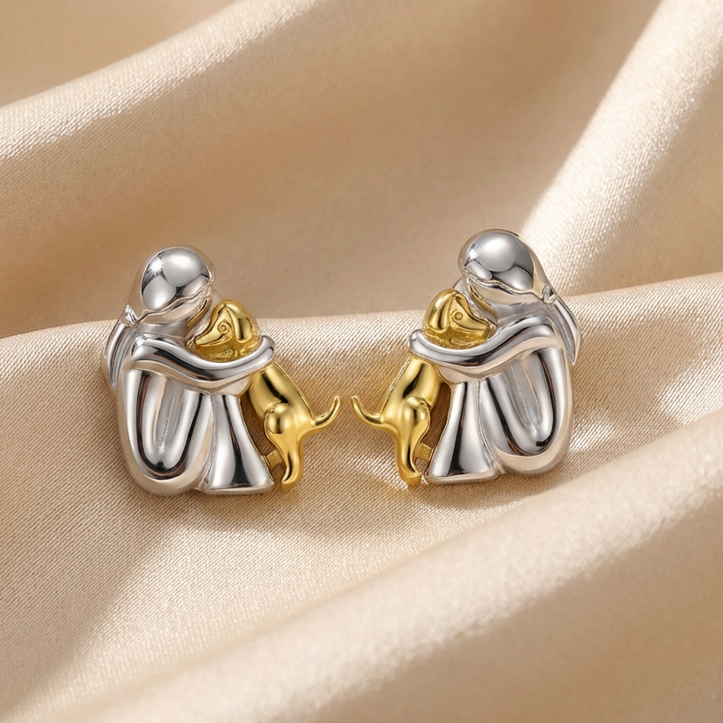Gold &amp; Silver Stud Earrings with Dog Cuddle Motif