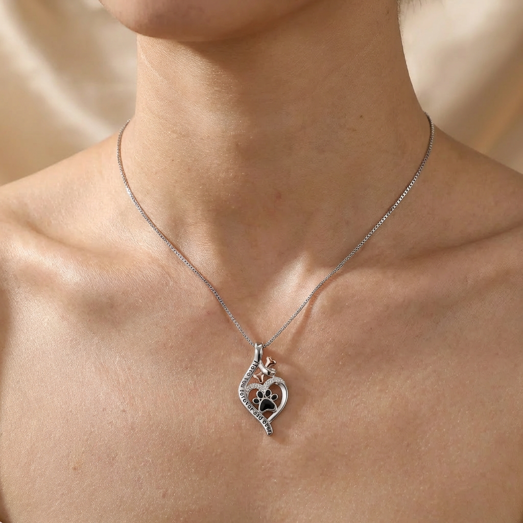 Silver Necklace with Paw Print, Heart and Rose Gold Bone