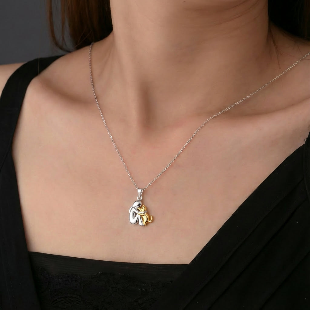 Gold &amp; Silver Necklace Sorcha with Cat Hug