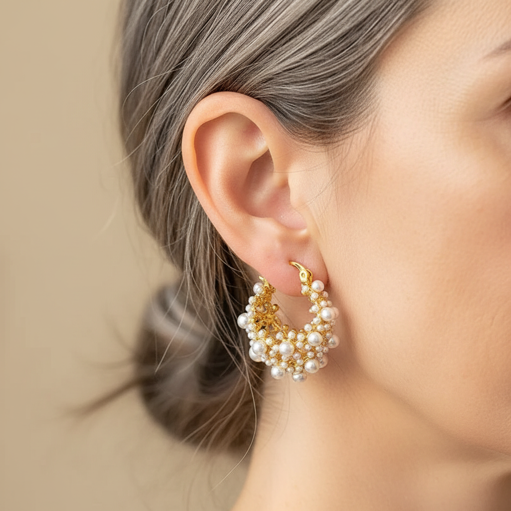 Gold Hoop Earrings Niamh with Pearl Cluster