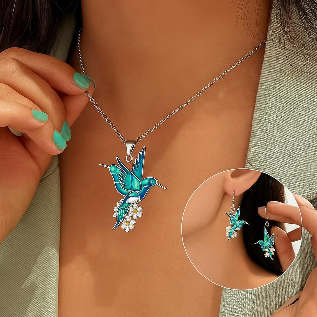 Silver Necklace Set Síle with Hummingbird Motif