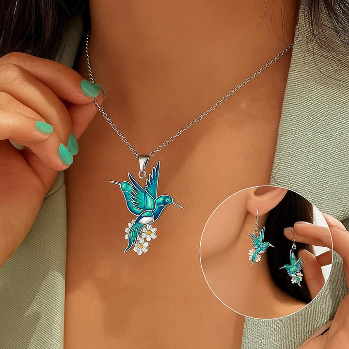 Silver Necklace Set Aoibh with Hummingbird and Flowers
