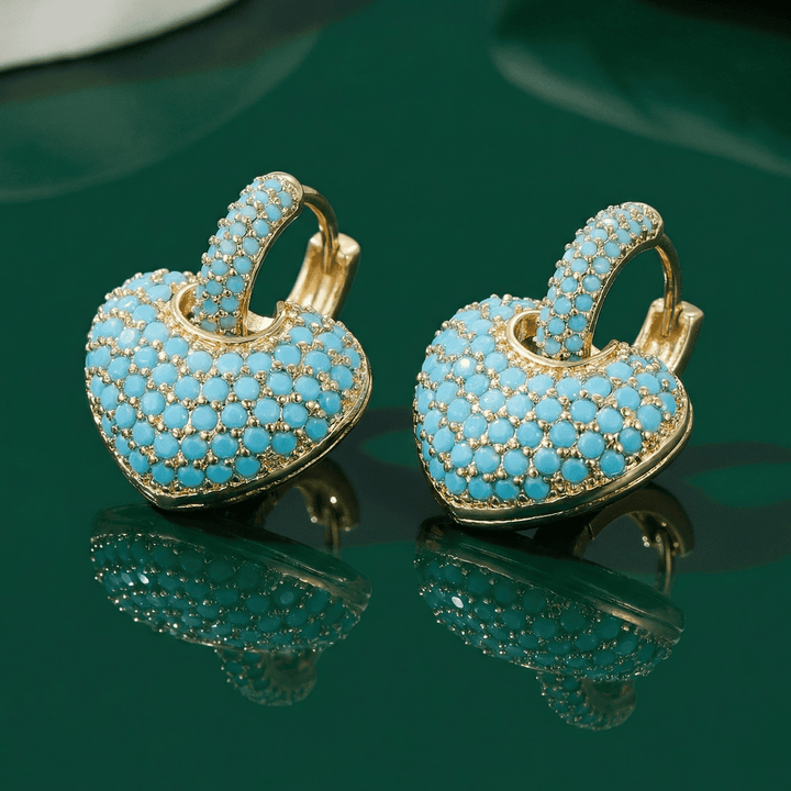 Gold Huggie Earrings Áine with Turquoise Pavé Heart